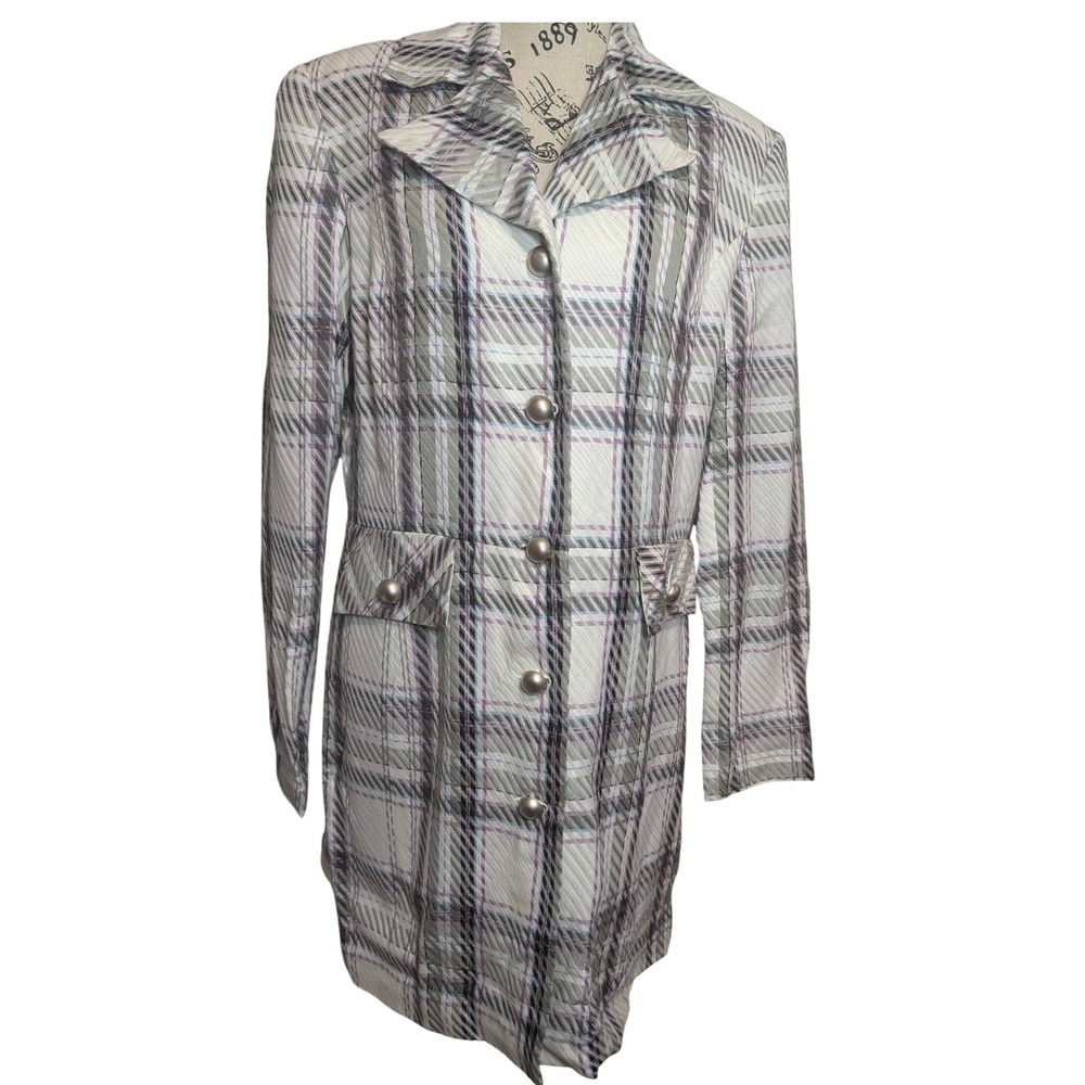 Worthington Womens Plaid Trench Coat Orchid Purple Grey White Size 12 NWT